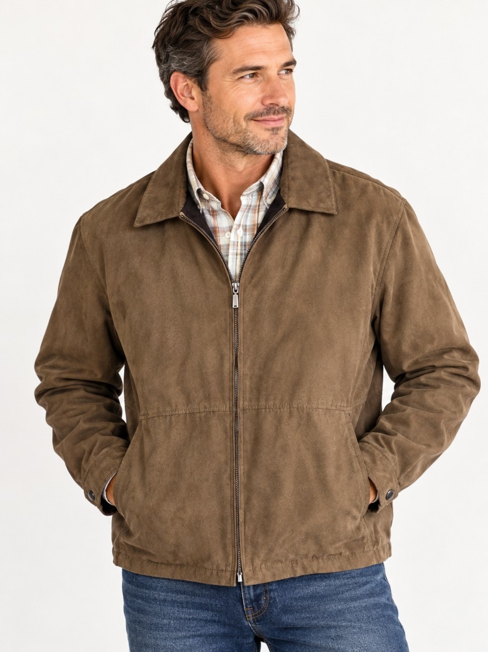 Weatherproof Mens Med Brown Faux Suede Jacket Full Zip Plaid Lined Casual Coat